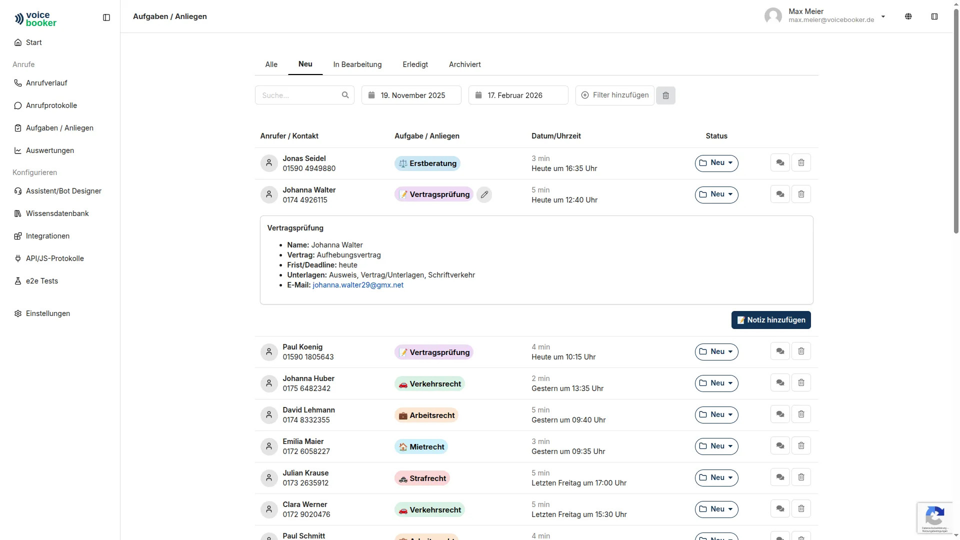 Dashboard to track incoming tasks and inquiries